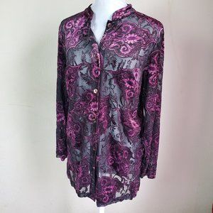 Vintage Women Size Med Petite Purple Velvet Floral Semi Sheer Long Sleeve Blouse